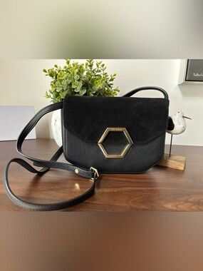 Ted Baker Black Suede and Pebbled Leather Crossbody with Gold Hex Accent NWOT